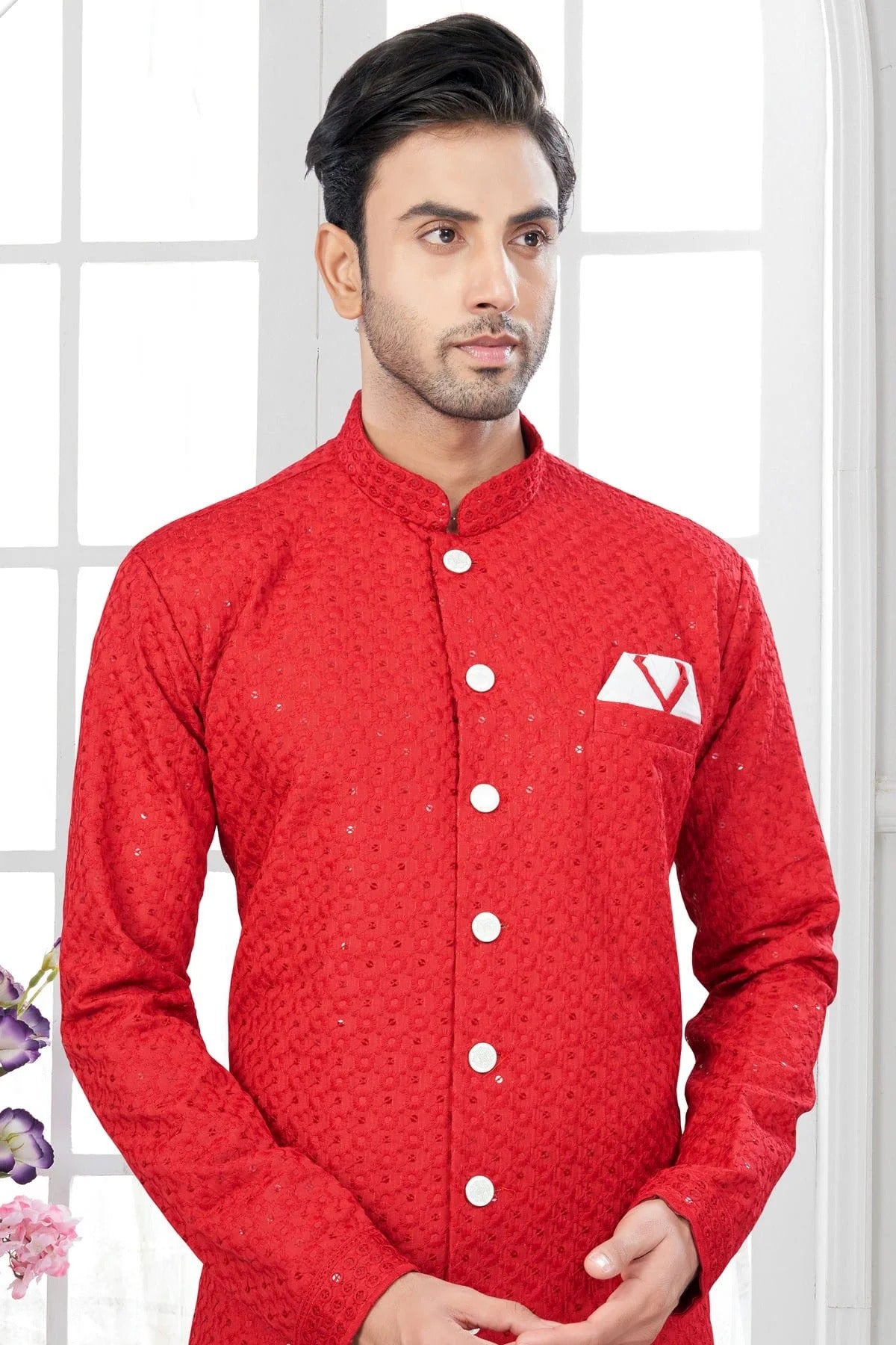 Red Colour Silk Dupion Sherwani SH1040608 A