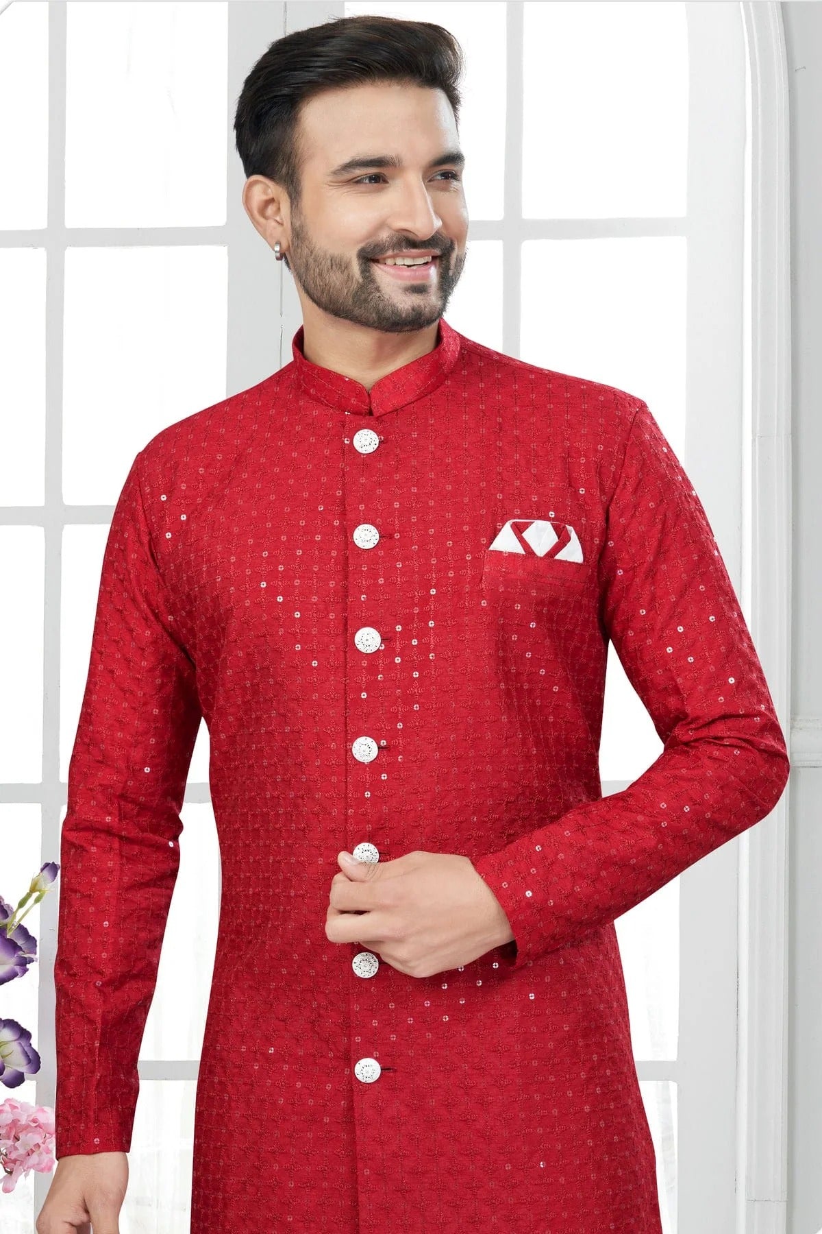 Red Colour Silk Dupion Sherwani SH1040612 A