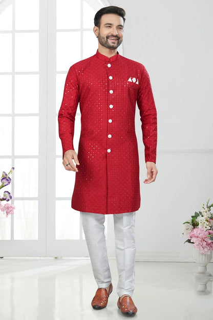 Red Colour Silk Dupion Sherwani SH1040612