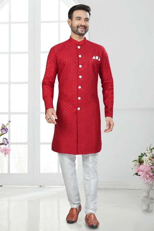 Red Colour Silk Dupion Sherwani SH1040612