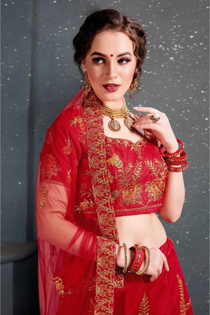 Red Colour Slub Silk Lehenga Choli LC1010035 B
