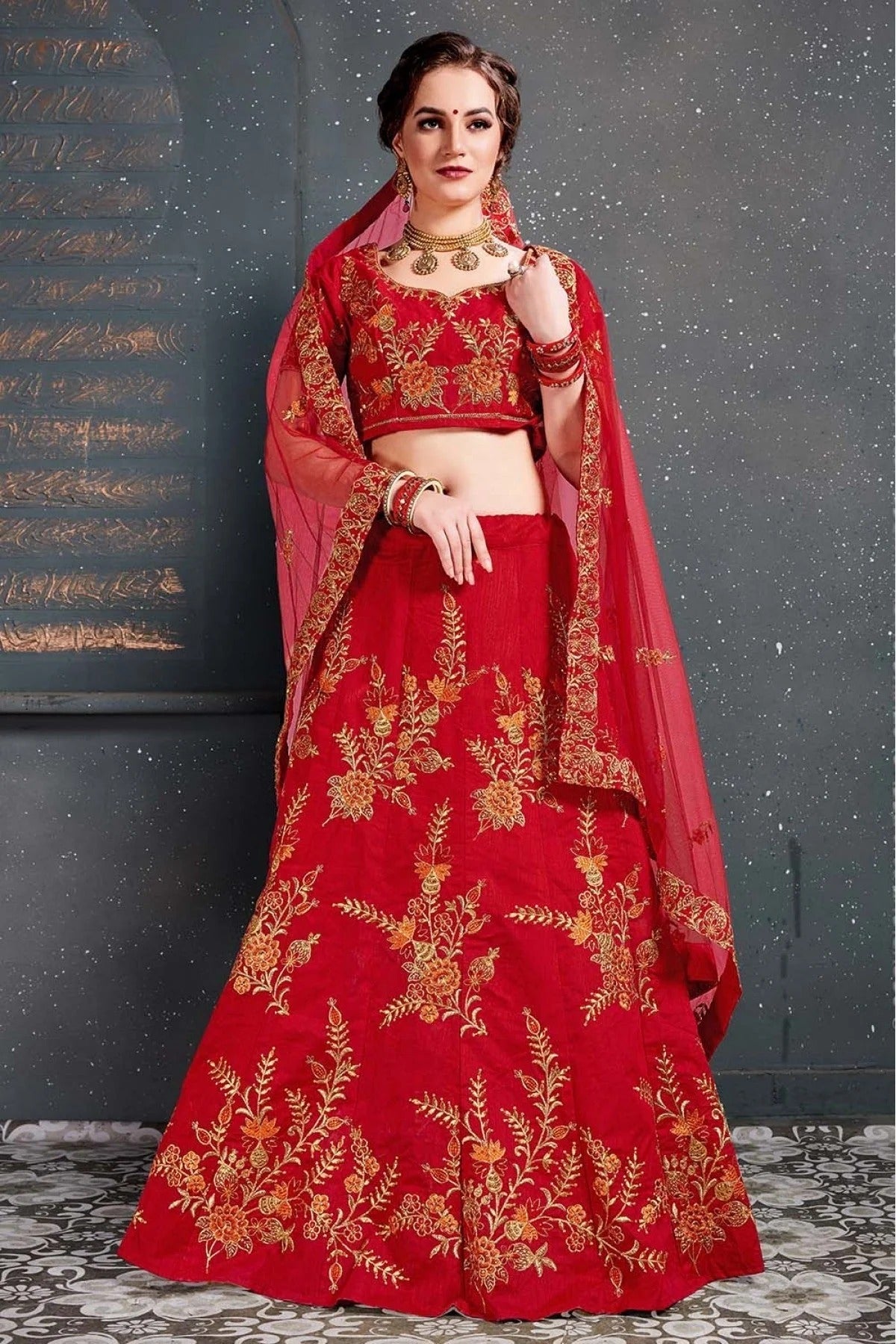 Red Colour Slub Silk Lehenga Choli LC1010035 C
