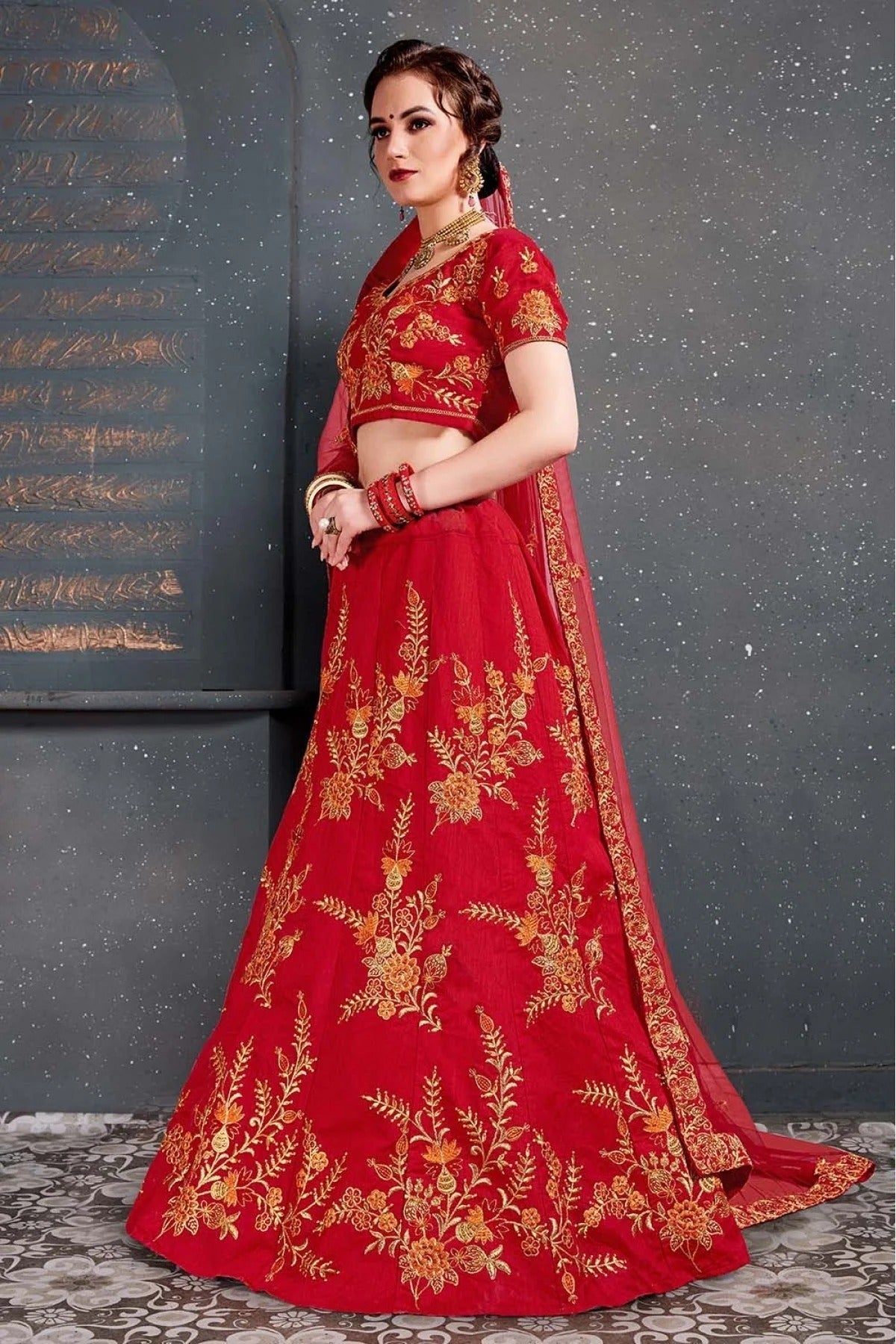 Red Colour Slub Silk Lehenga Choli LC1010035 D