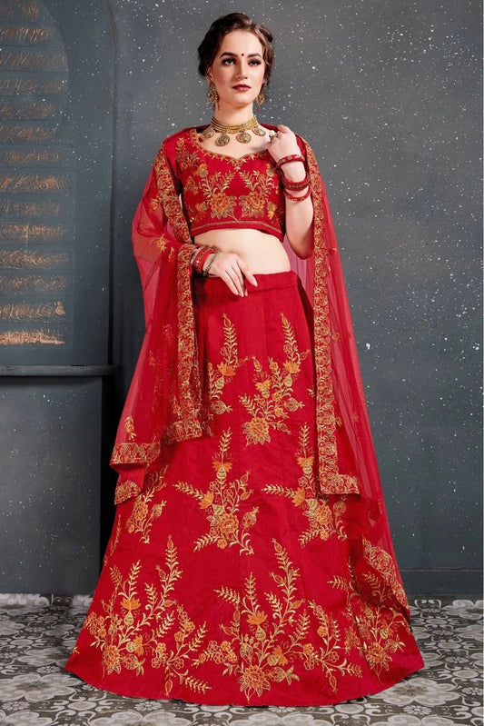 Red Colour Slub Silk Lehenga Choli LC1010035