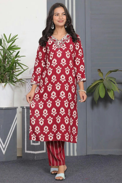 Red Colour Stitched Rayon Top and Bottom TP1112398