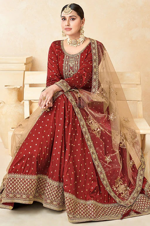 Red Colour Taffeta Silk Anarkali Suit SM1050352 A