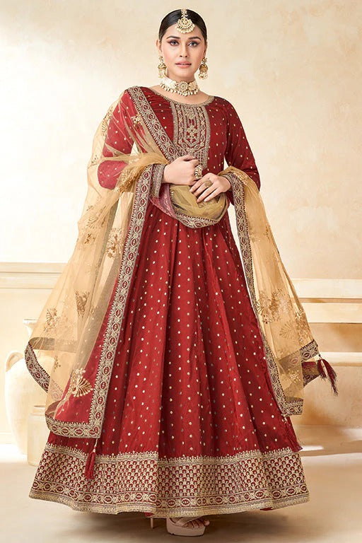 Red Colour Taffeta Silk Anarkali Suit SM1050352
