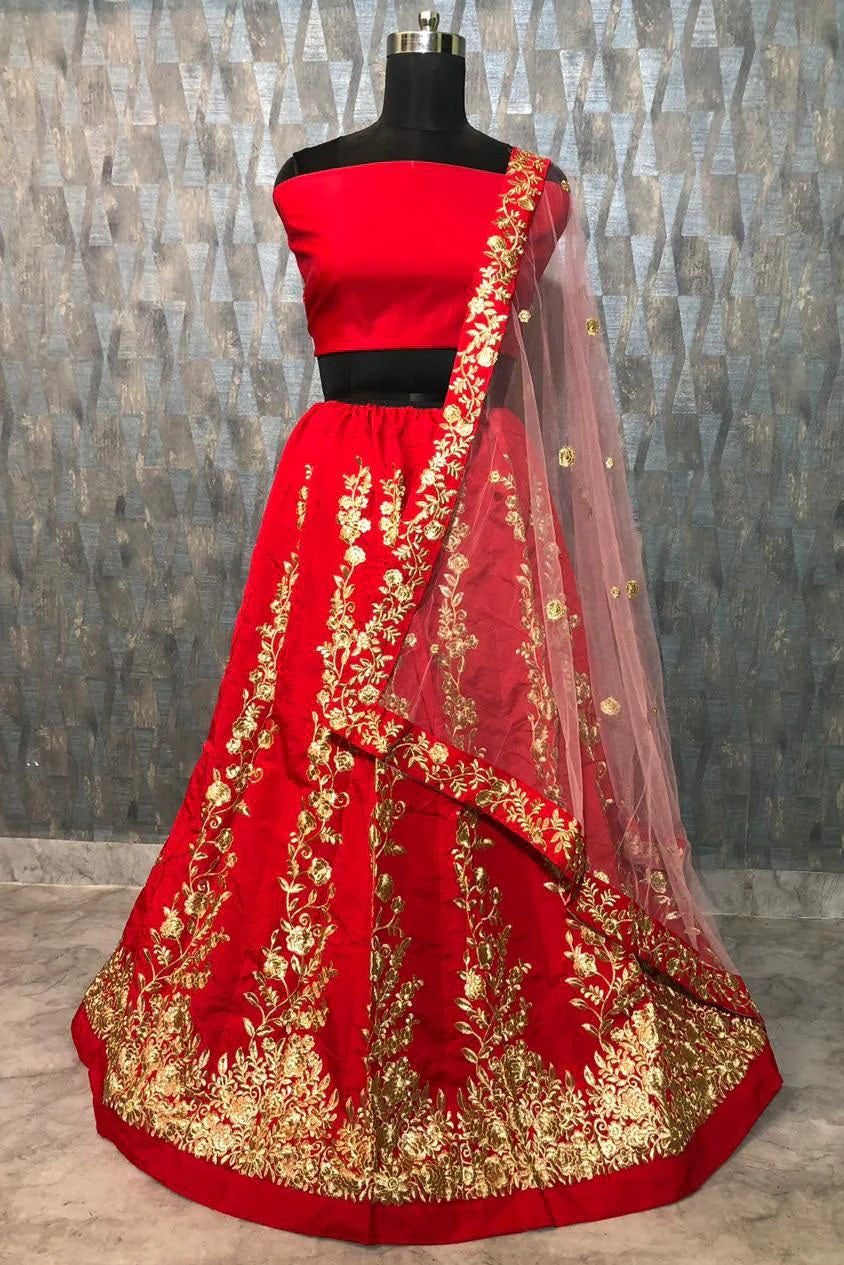Red Colour Taffeta Silk Lehenga Choli LC1020007 A