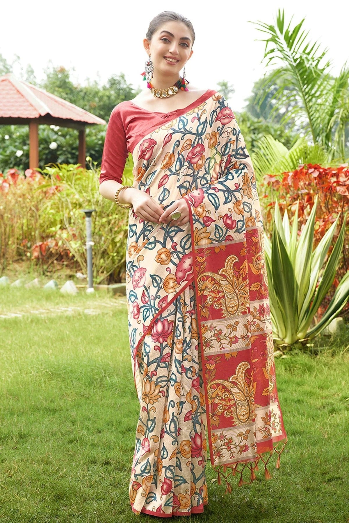 Red Colour Tussar Silk Printed Saree SD1112087