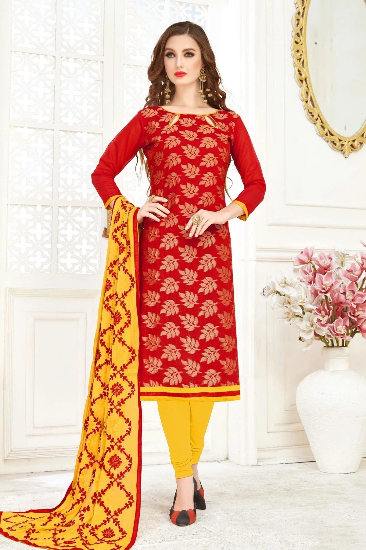 Red Colour Unstitched Banarasi Jacquard Churidar Suit US1161137