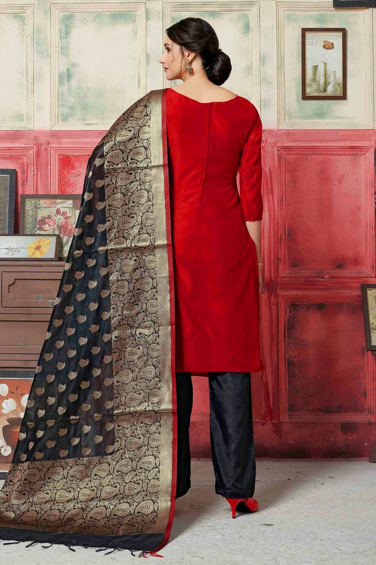 Red Colour Unstitched Banarasi Silk Fabric Straight Suit US1161045 A