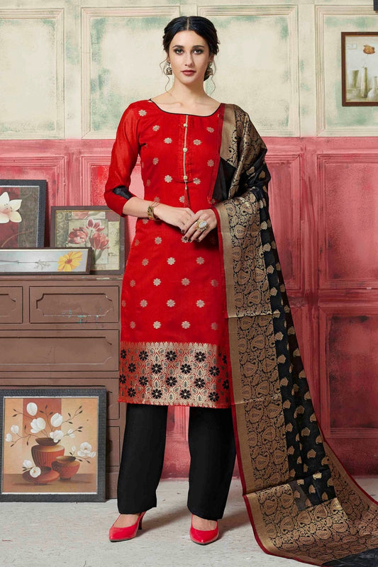 Red Colour Unstitched Banarasi Silk Fabric Straight Suit US1161045