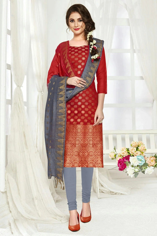 Red Colour Unstitched Banarasi Silk Straight Suit US1161083