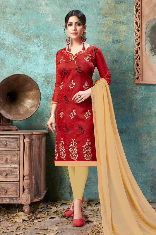 Red Colour Unstitched Chanderi Cotton Straight Suit US1161193