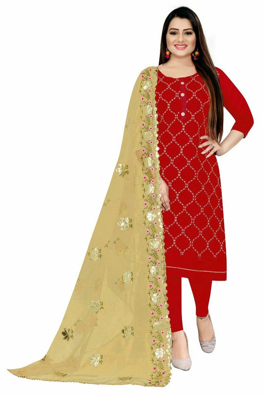 Red Colour Unstitched Chanderi Straight Suit US1160736