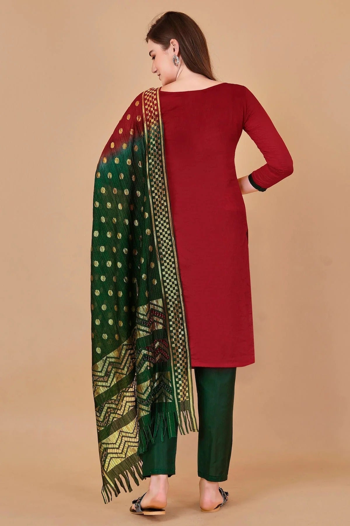 Red Colour Unstitched Cotton Jacquard Straight Suit US1160884 A