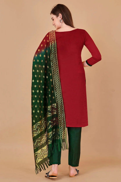 Red Colour Unstitched Cotton Jacquard Straight Suit US1160884 A