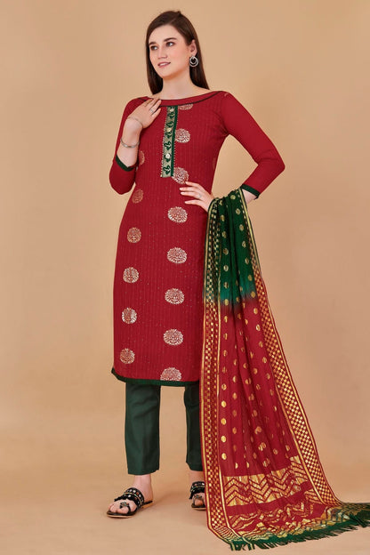 Red Colour Unstitched Cotton Jacquard Straight Suit US1160884