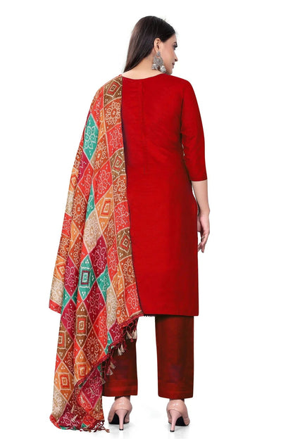 Red Colour Unstitched Cotton Pant Style Suit US1160671 A