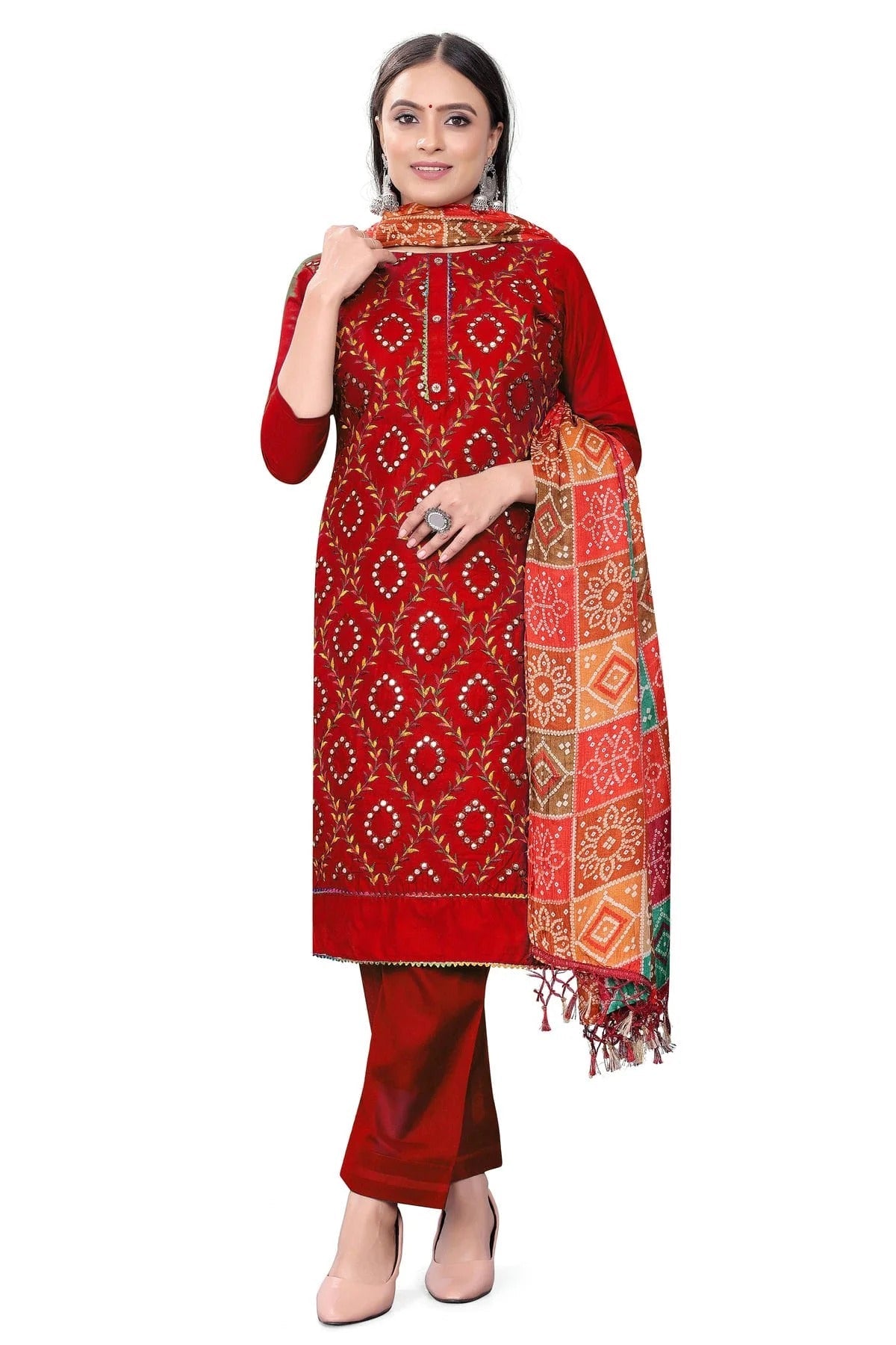 Red Colour Unstitched Cotton Pant Style Suit US1160671