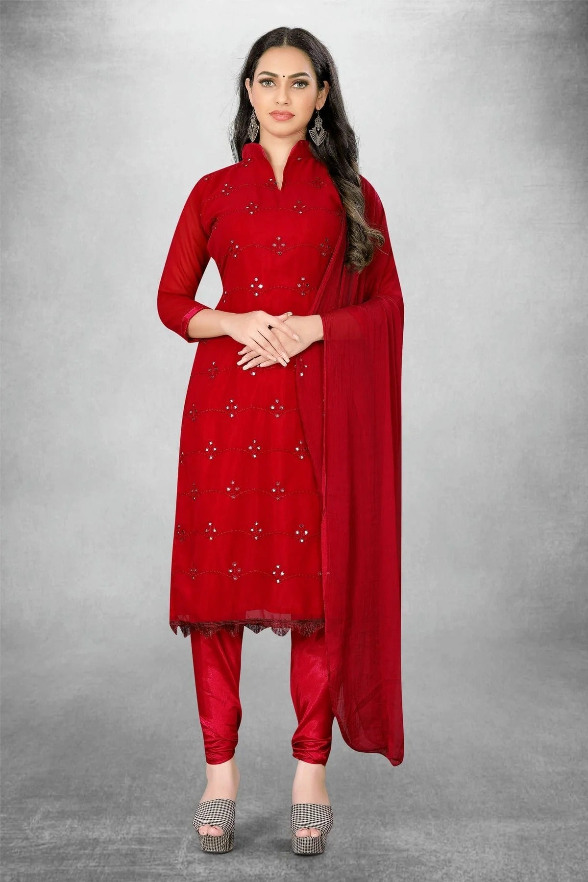 Red Colour Unstitched Georgette Churidar Suit US1160803