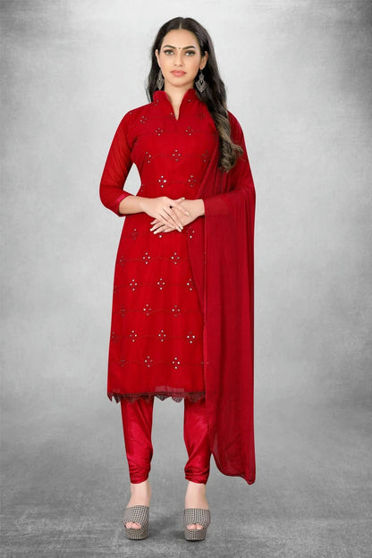 Red Colour Unstitched Georgette Churidar Suit US1160803