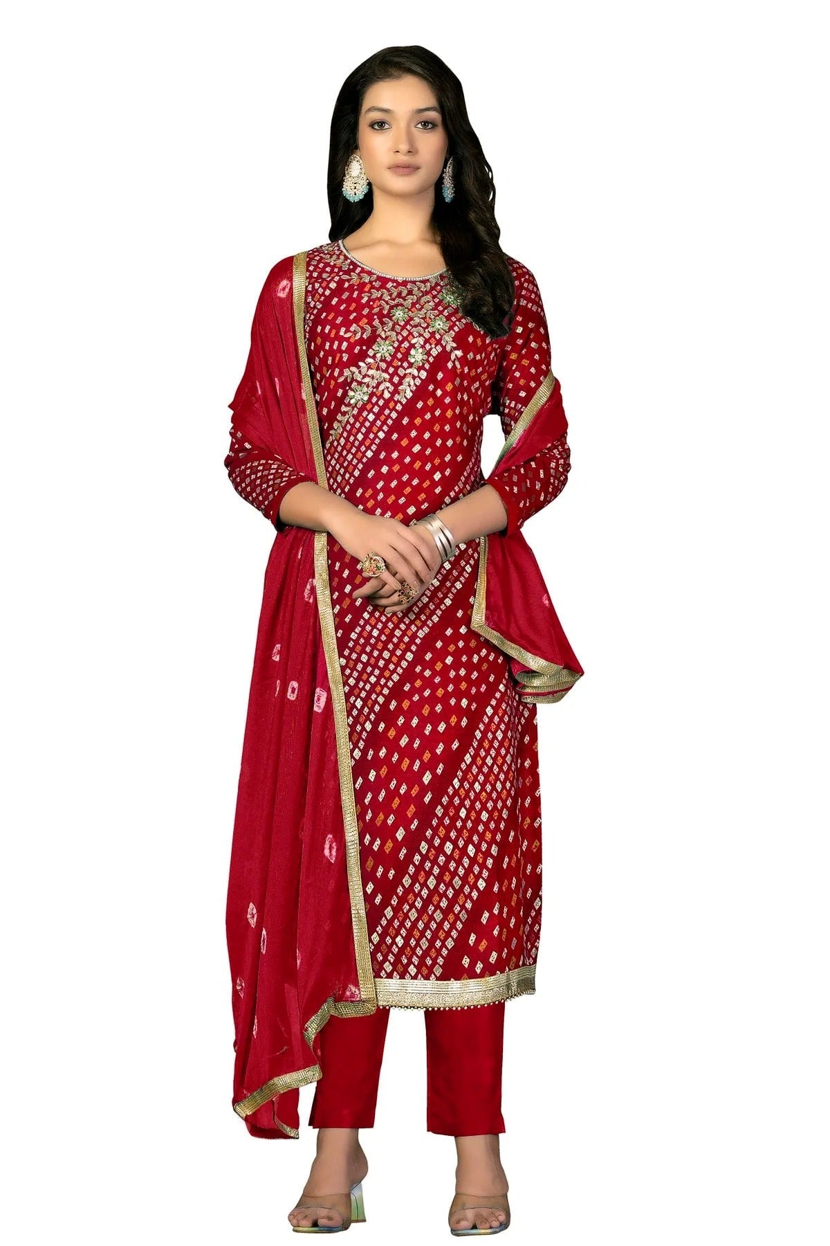 Red Colour Unstitched Jam Cotton Fabric Straight Suit US1160949