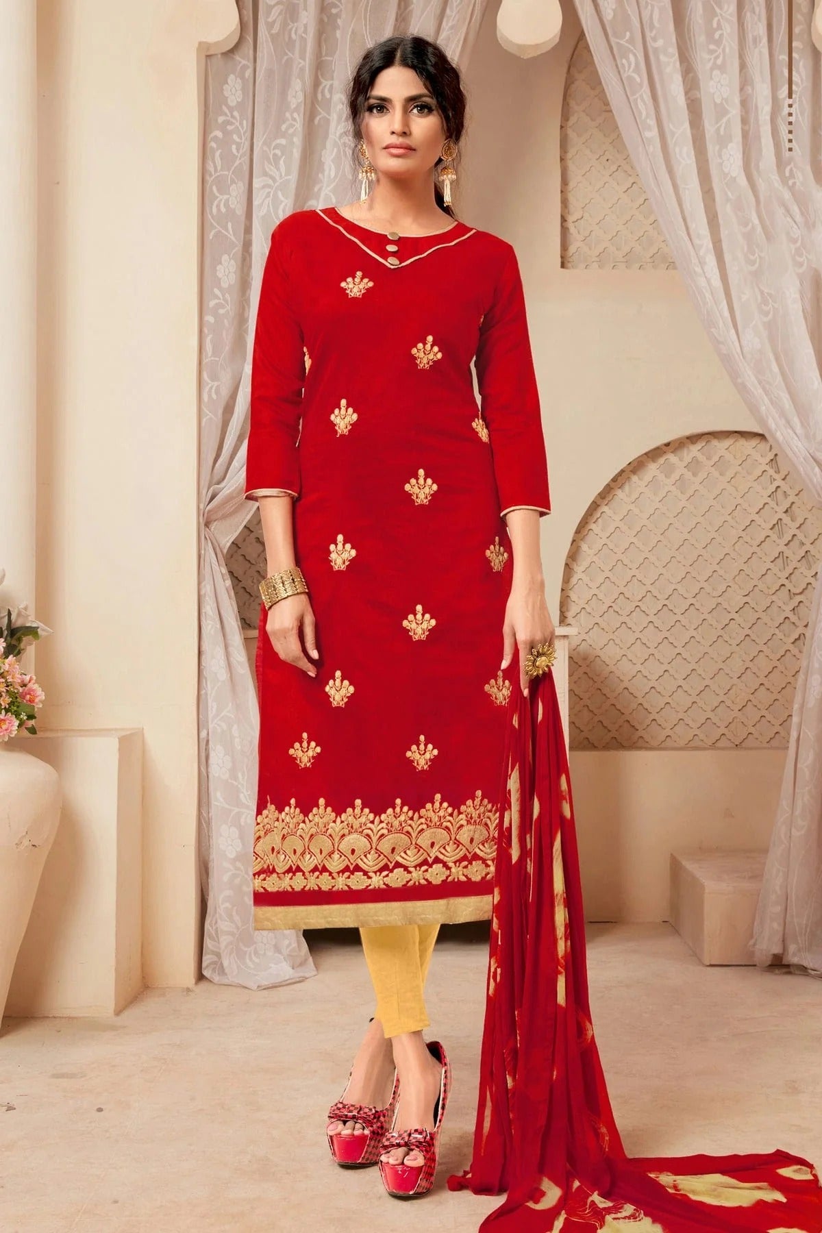 Red Colour Unstitched Modal Silk Straight Suit US1161128
