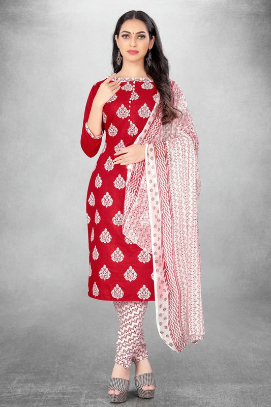 Red Colour Unstitched Slub Cotton Churidar Suit US1160765