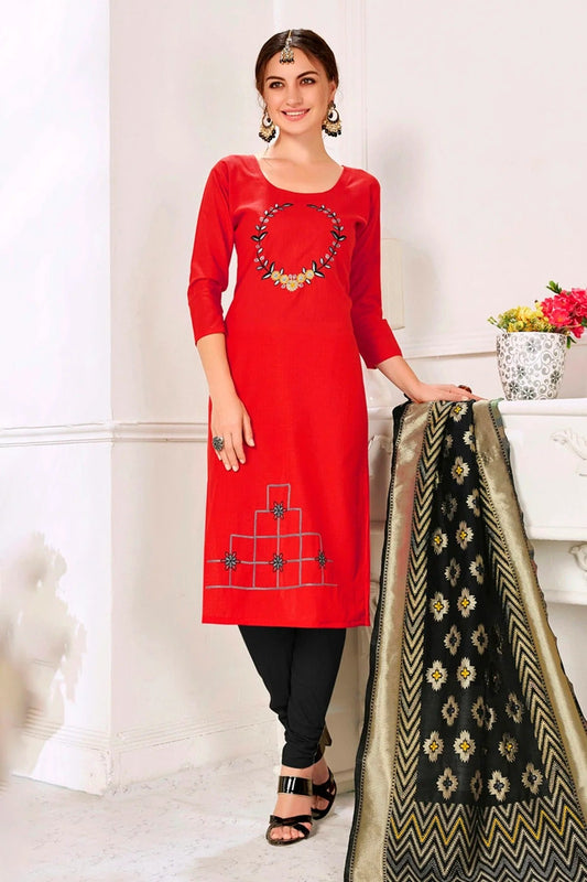 Red Colour Unstitched Slub Cotton Churidar Suit US1161176
