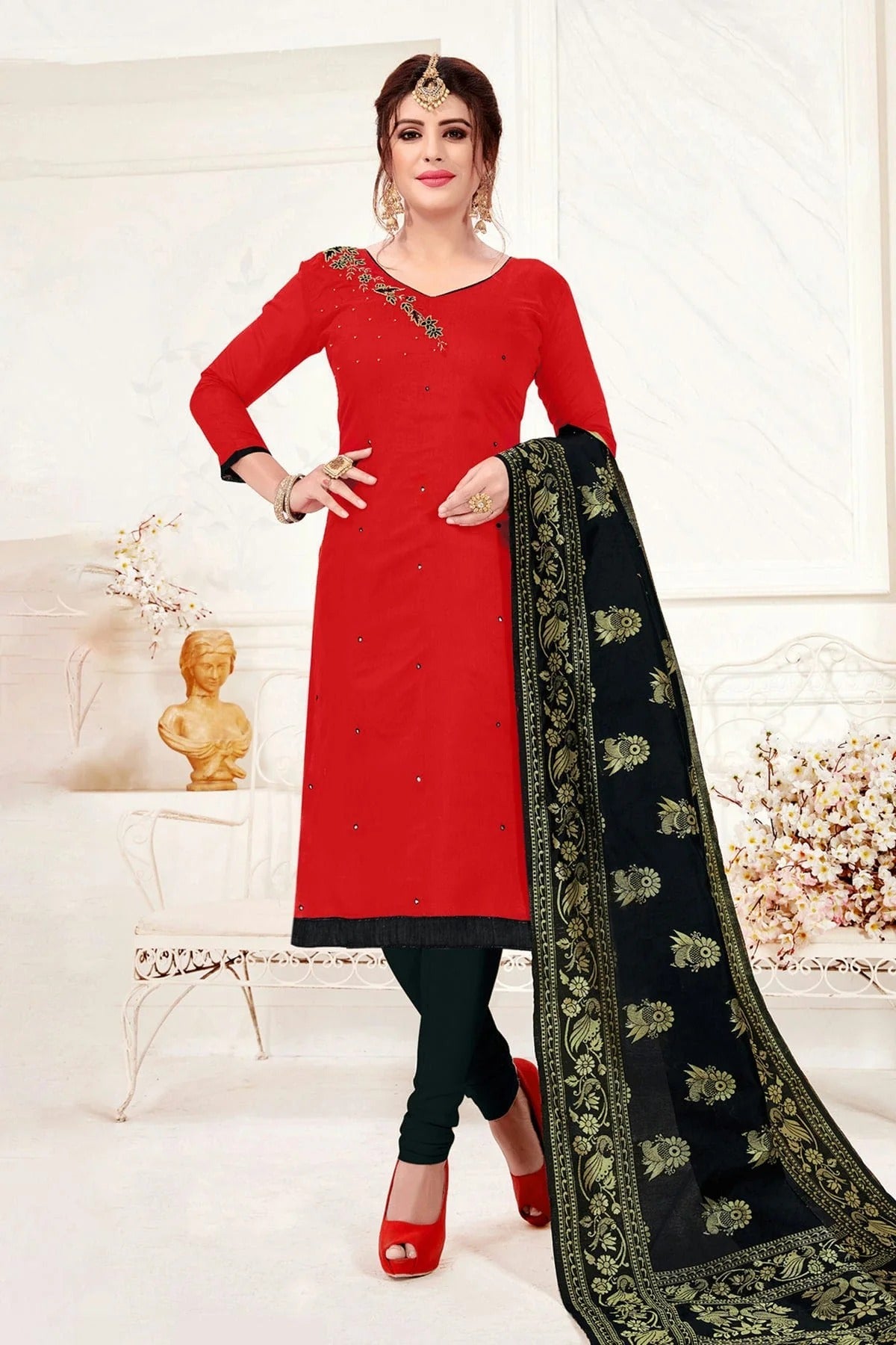 Red Colour Unstitched Slub Cotton Churidar Suit US1161216