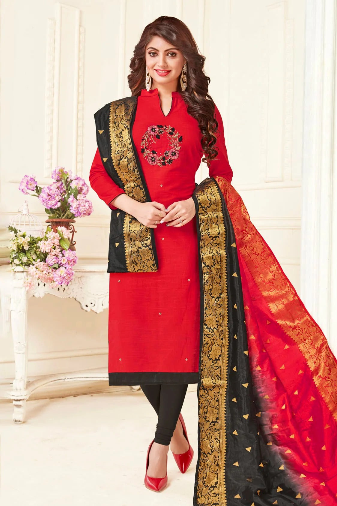 Red Colour Unstitched South Slub Cotton Straight Suit US1161147