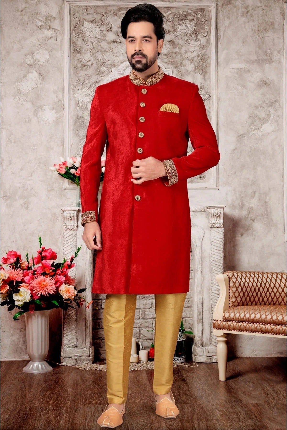 Red Colour Velvet Sherwani SH1040305