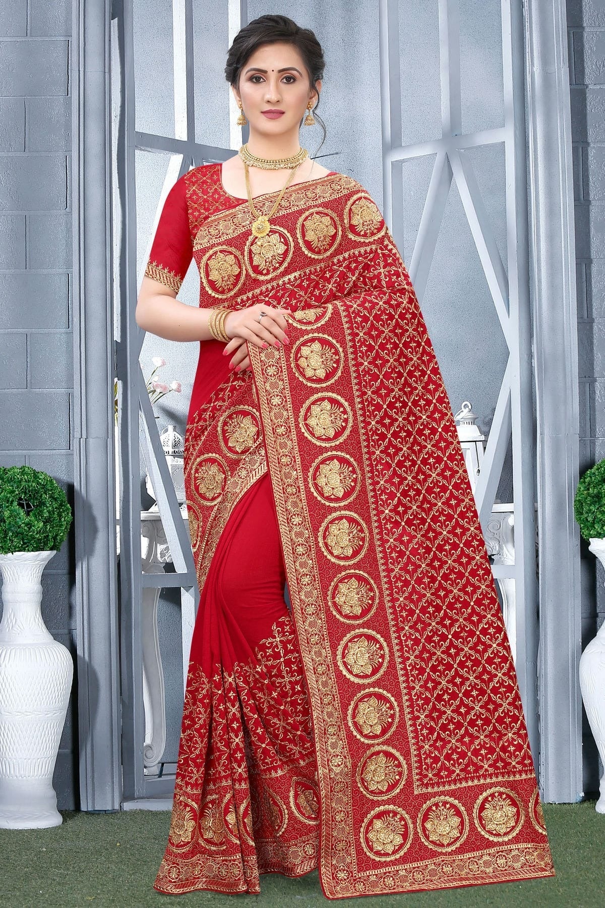 Red Colour Vichitra Bloming Silk Designer Saree SD1091064