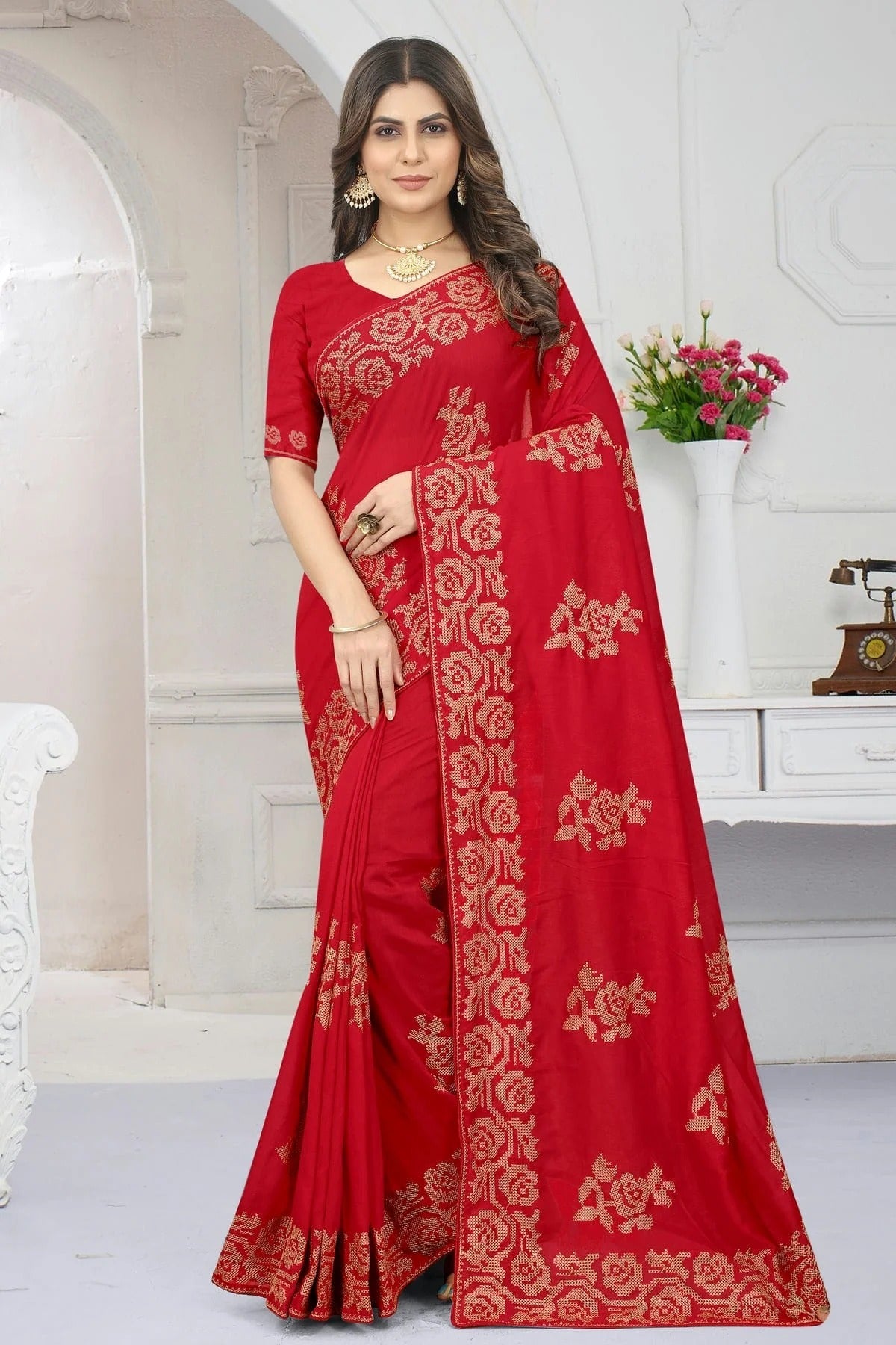 Red Colour Vichitra Silk Designer Saree LC1121380