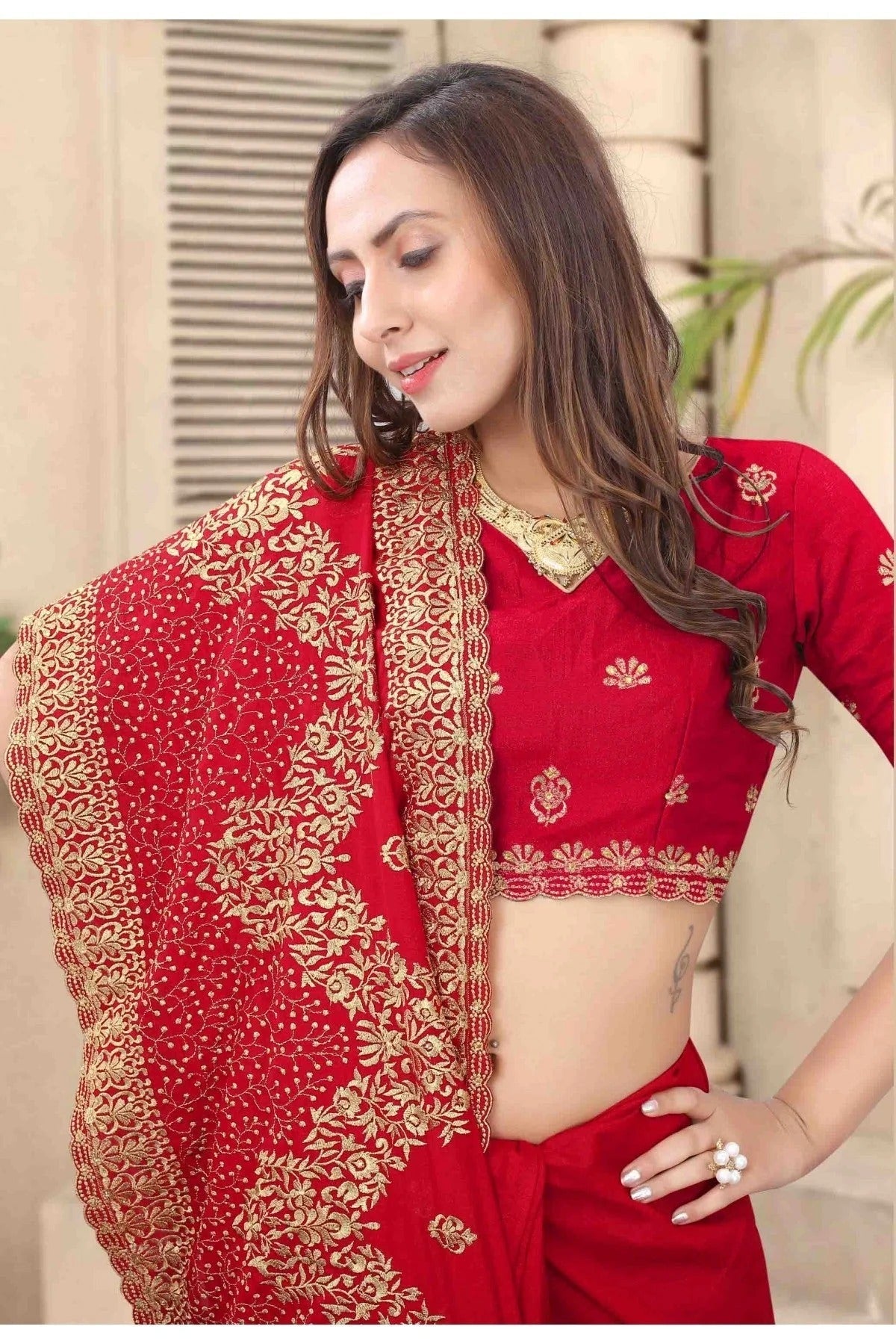 Red Colour Vichitra Silk Embroidery Saree SD1120679 A