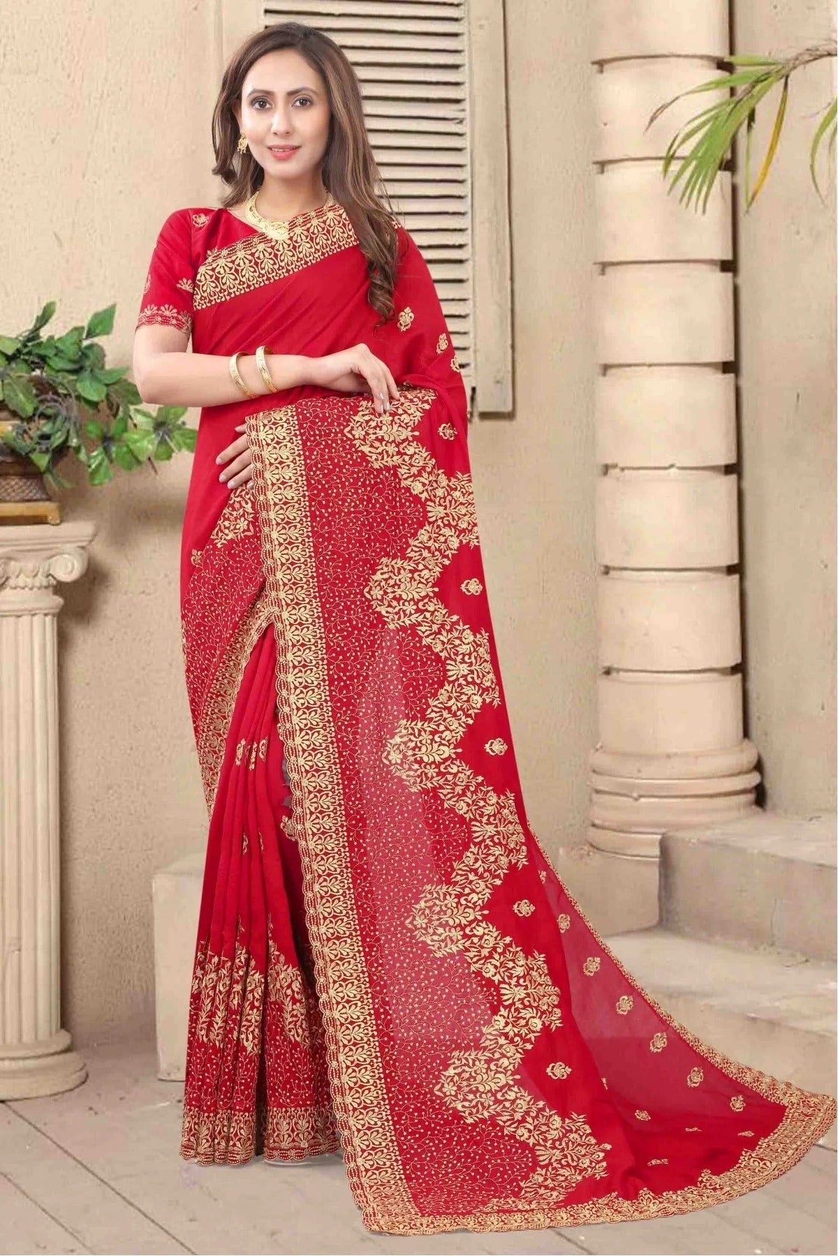 Red Colour Vichitra Silk Embroidery Saree SD1120679