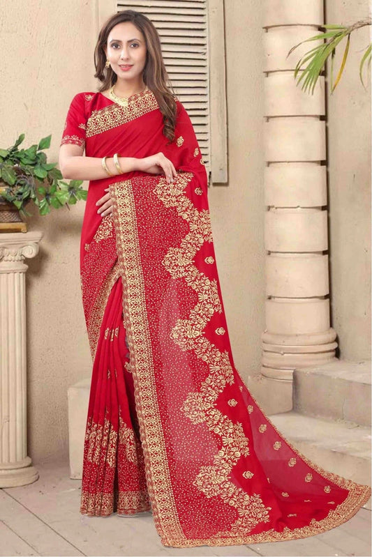 Red Colour Vichitra Silk Embroidery Saree SD1120679