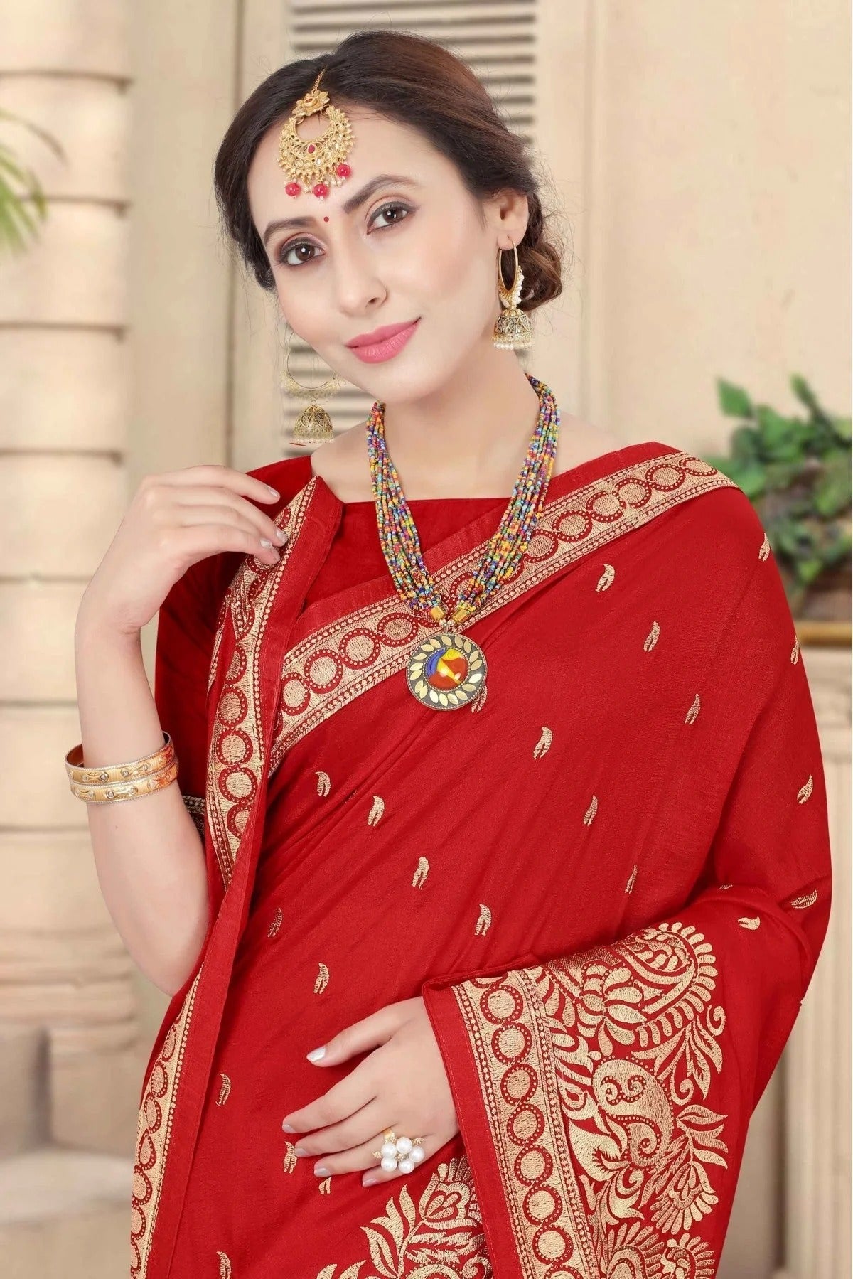 Red Colour Vichitra Silk Embroidery Saree SD1120959 A