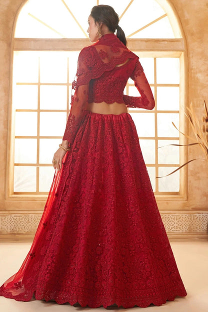 Red Embroidery Net and SilK Lehenga Choli LC1290140 A