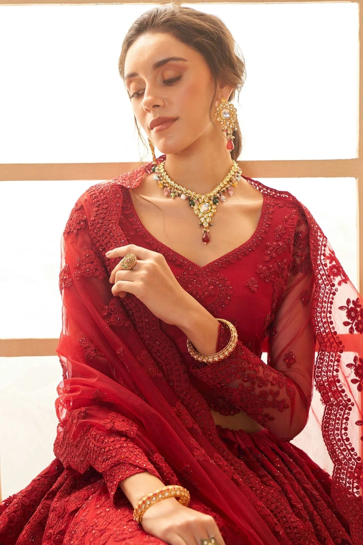 Red Embroidery Net and SilK Lehenga Choli LC1290140 B
