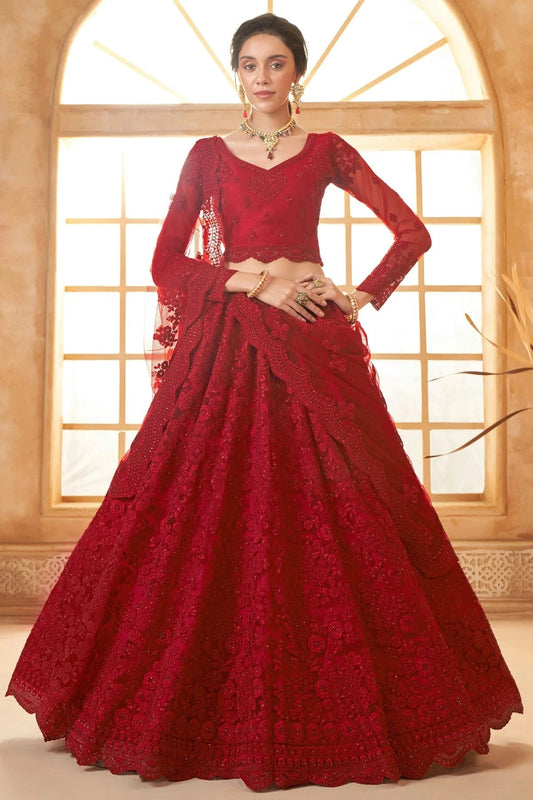 Red Embroidery Net and SilK Lehenga Choli LC1290140