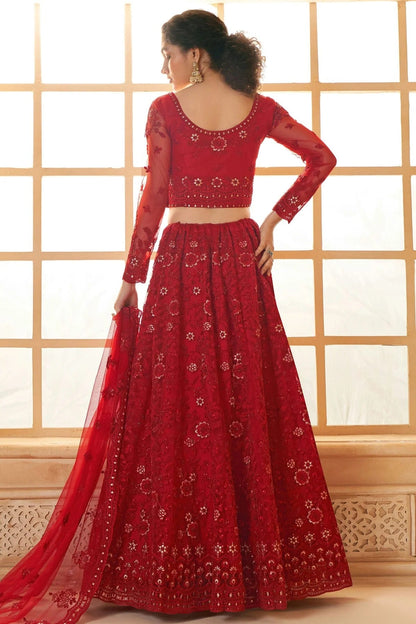 Red Embroidery Net and SilK Lehenga Choli LC1290143 A