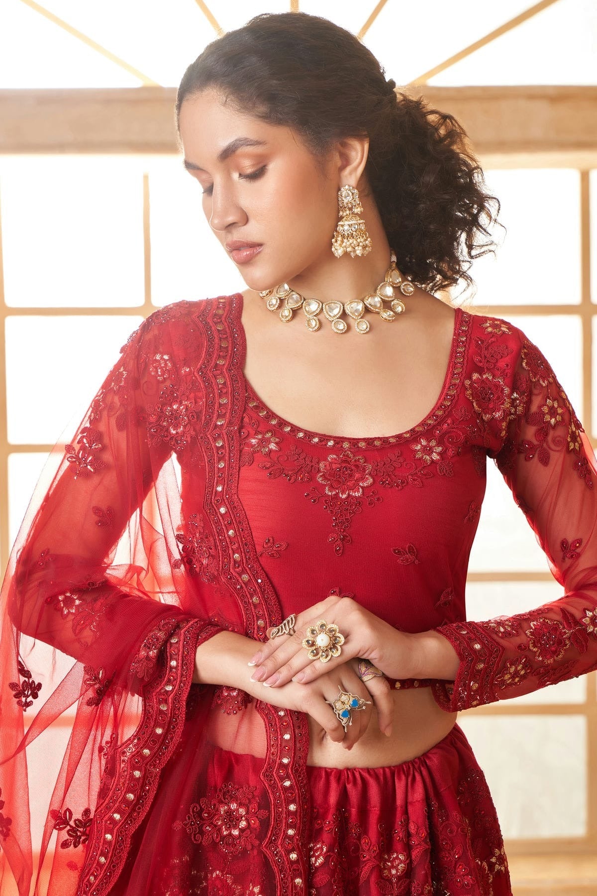 Red Embroidery Net and SilK Lehenga Choli LC1290143 B
