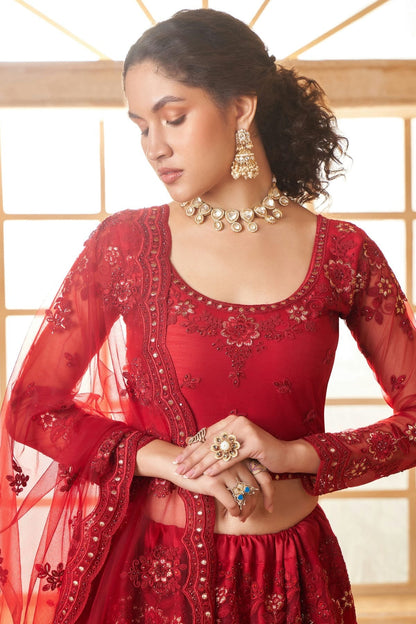 Red Embroidery Net and SilK Lehenga Choli LC1290143 B