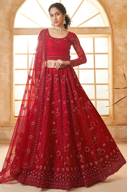 Red Embroidery Net and SilK Lehenga Choli LC1290143