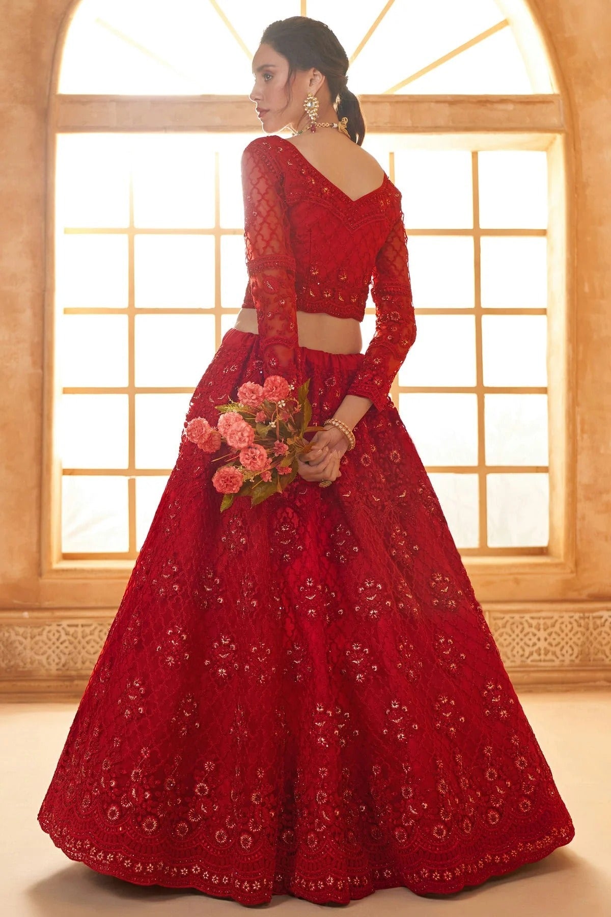 Red Embroidery Net and SilK Lehenga Choli LC1290146 A