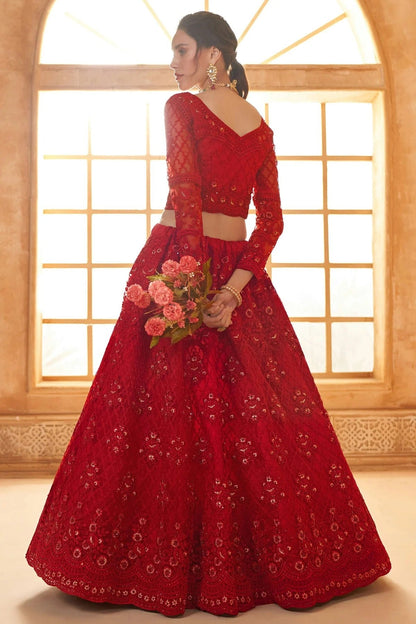 Red Embroidery Net and SilK Lehenga Choli LC1290146 A