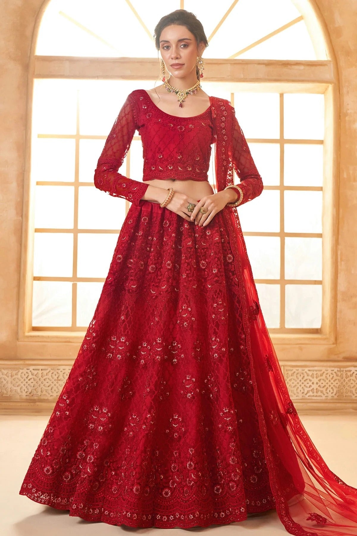 Red Embroidery Net and SilK Lehenga Choli LC1290146