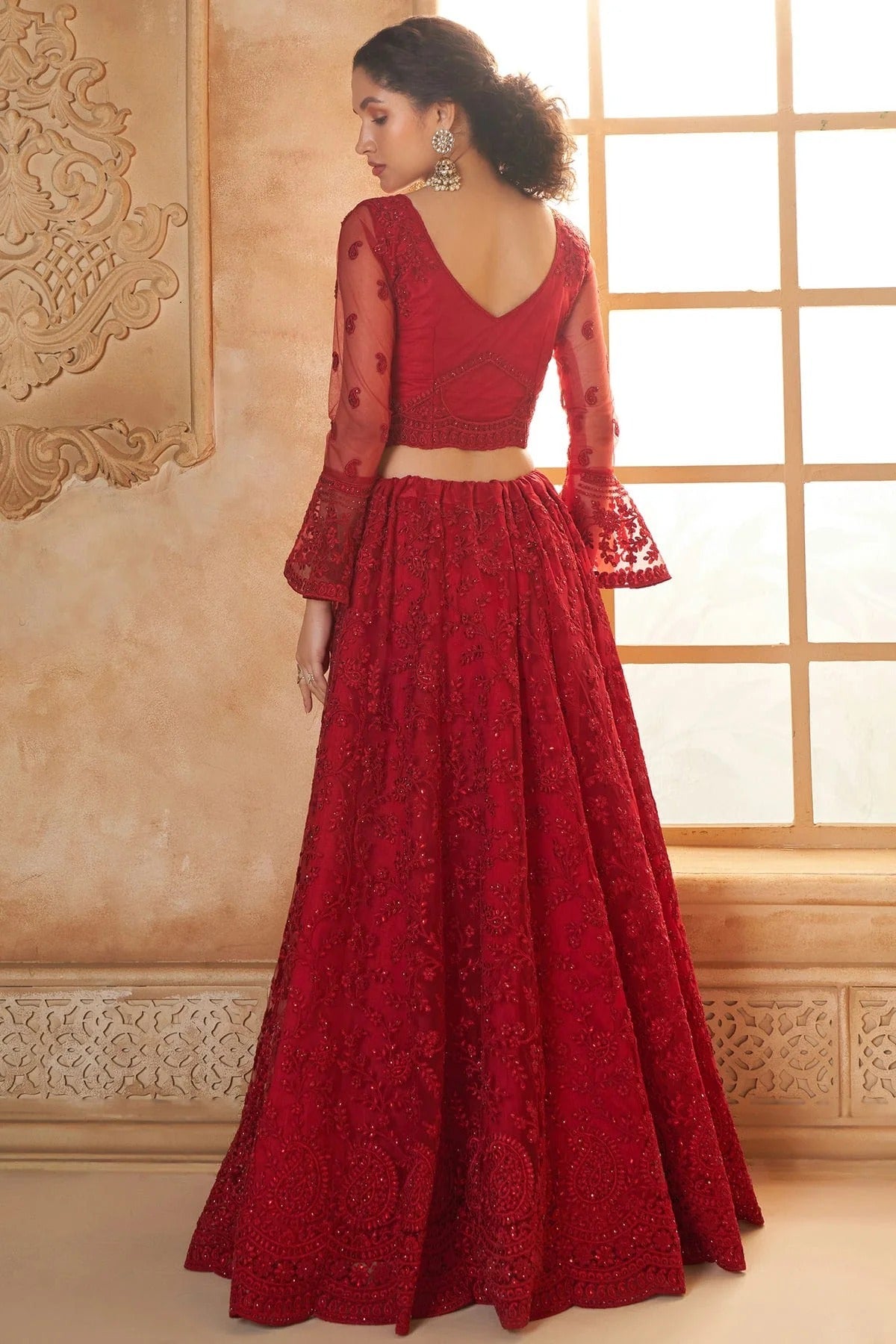 Red Embroidery Net and SilK Lehenga Choli LC1290149 A